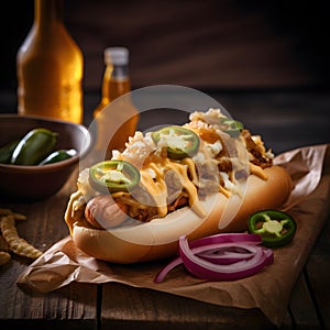 AI generated illustration of a delicious hot dog topped with chili cheese and jalapenos