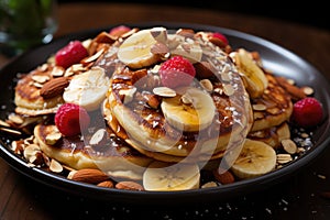 AI generated illustration of delicious pancakes with fruits and almonds