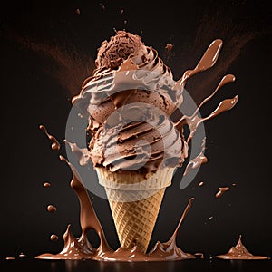 AI generated illustration of A delicious scoop of chocolate ice cream is served in a classic cone