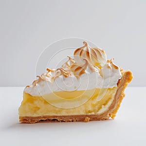 AI-generated illustration of a delicious slice of lemon meringue pie in focus