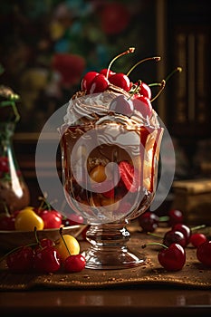 AI generated illustration of a delicious sundae with berries, fruits and sweet sauce