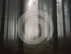 AI generated illustration of a densely forested landscape that is enveloped in a foggy mist