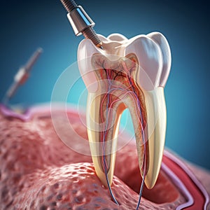 AI generated illustration of a dental implant being inserted in a tooth on a blue backdrop