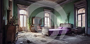 AI generated illustration of a derelict bedroom with a purple bed and two dressers on either side