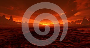 AI generated illustration of a desert landscape illuminated by a vibrant orange and red sunset