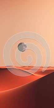 AI generated illustration of a desert scene with a full moon hovering above rolling sand dunes