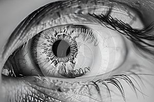 AI generated illustration of a detailed monochrome macro of a human eye