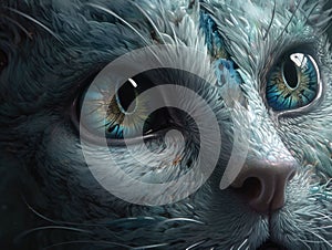 AI generated illustration of details on a beautiful ethereal cat with glowing blue eyes