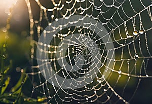 AI generated illustration of dew droplets on spider webs in a field