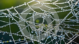 AI generated illustration of dew drops clinging to spider webs creating