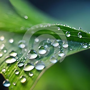 AI generated illustration of dew drops glisten on green grass blades