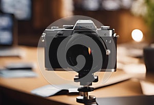 AI generated illustration of a digital camera 
 atop a tripod, ready to capture a moment in time