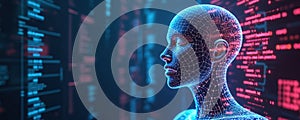AI-generated illustration. Digital human head with glowing lines, coding data background. Artificial intelligence tech concept.