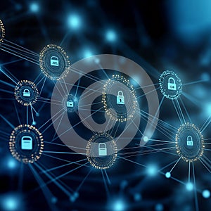 AI-generated illustration of network security concept with interconnected locks and data symbols