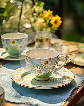 AI generated illustration of a dining table with tea cups, perfect for a romantic dinner for two