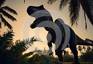 AI generated illustration of a dinosaur surrounded by palm trees in a lush jungle setting