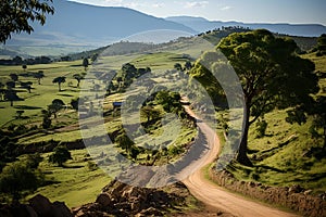 AI generated illustration of a dirt country road winding through a lush green valley