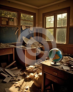 AI generated illustration of a disheveled schoolroom with a globe atop its desk
