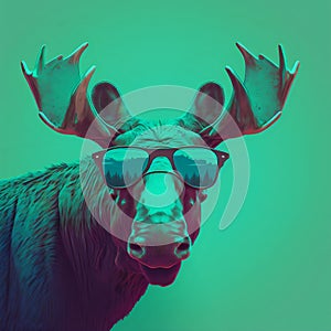 AI generated illustration of a distinguished looking moose wearing sunglasses
