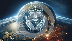 AI generated illustration of a divine figure with stars on its forehead in front of a globe