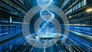 AI generated illustration of a DNA helix materializing in a futuristic laboratory with blue light photo