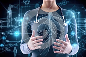 AI generated illustration of a doctor with hands clasped in front of her chest with an x-ray shirt