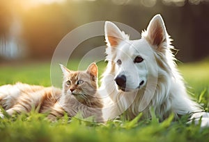 AI-generated illustration of A dog and a cat lounging on the grass in a park