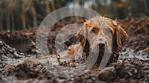 AI generated illustration of a dog happily splashing in a muddy puddle