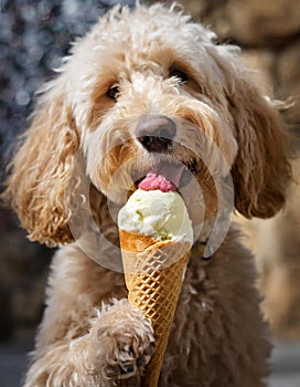 AI-generated illustration of a dog licking an ice cream cone