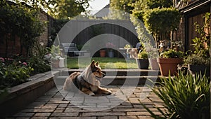 AI-generated illustration of A dog lounging on a brick patio