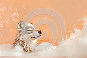 AI generated illustration of a dog lounging in a bubbly bathtub