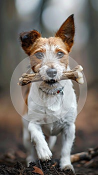 AI generated illustration of a dog running with a stick in its mouth