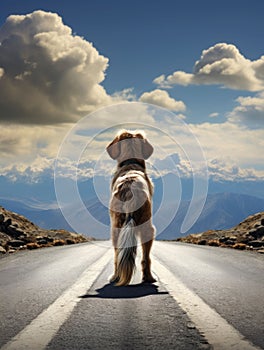 AI generated illustration of a dog standing on an asphalt road