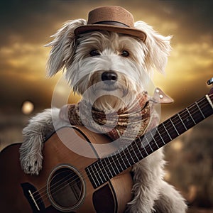 AI generated illustration of a dog in a stylish outfit playing the guitar