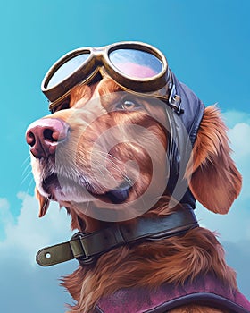 AI generated illustration of a dog wearing protective goggles on its head against a blue sky