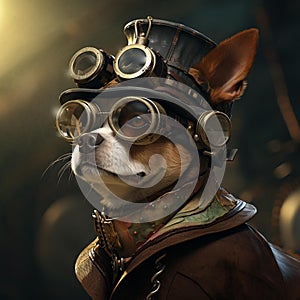 AI generated illustration of a dog wearing a steampunk-style costume, complete with goggles