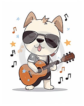 AI generated illustration of a dog wearing sunglasses strumming a guitar while singing a melody