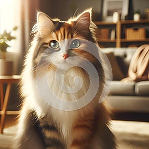 AI generated illustration of a domestic cat sitting gracefully, with its fluffy fur well-groomed