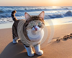 Ilustraciones de doméstico felino camina lo largo de idílico Playa sobre el atardecer 