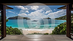 AI generated illustration of a door opening to a picturesque beach with crystal blue waters