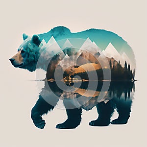 AI generated illustration of double-exposure bear with landscape