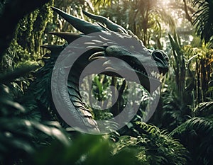 AI generated illustration of dragon sculpture set in a lush jungle landscape with beams of sunlight