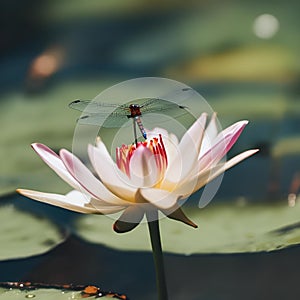 AI-generated illustration of a dragonfly perched atop a pink waterlily in a tranquil pond