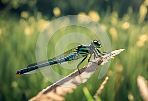 AI generated illustration of a dragonfly resting peacefully atop a thin twig in a lush grassy field