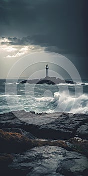 AI generated illustration of dramatic seascape featuring large waves crashing against the lighthouse