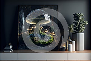AI generated illustration of drawing of a mushroom on a decorated shelf in a room