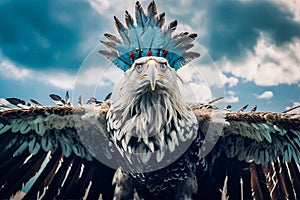 AI generated illustration of a eagle with its wings spread wide, wearing a feathery headpiece
