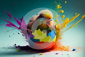 AI generated illustration of an Easter chick in a speckled eggshell surrounded by a splash of paint