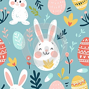 AI generated illustration of Easter-themed background with eggs and rabbits photo