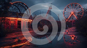 AI-generated illustration of an eerie amusement park with a Ferris wheel